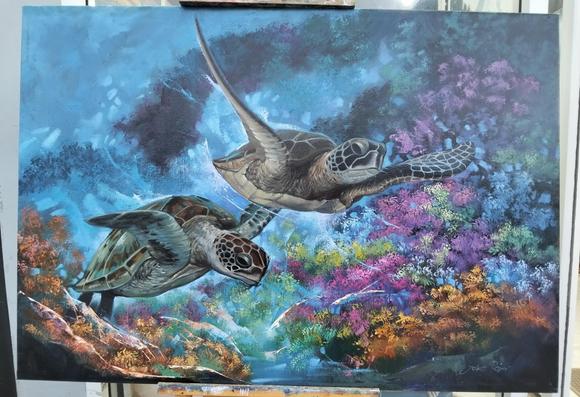 a painting of two sea turtles swimming towards the viewer, seen in a three quarter view, a blooming coral garden around them, small fish and jellyfish around 