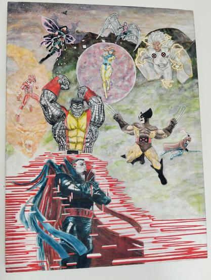 a painting, it is of the x-men leaping down from their blackbird plane to attack mr, sinister, standing at the bottom left, red and white energy coming from him 