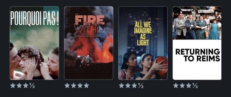 "Pourquoi pas !" (Coline Serreau, 3,5/5), "Au cœur des volcans" (Werner Herzog, 4/5), "All we imagine as light" (Payal Kapadia, 3,5/5), "Retour à Reims" (Jean-Gabriel Périot, 3,5/5)