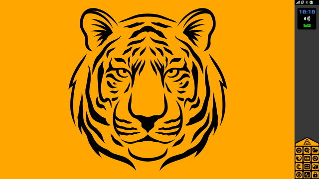 Fondo de escritorio en color amarillo anaranjado, y en el centro la cara de un tigre mirando a cámara con cara de pocos amigos; a la derecha un panel vertical en gris oscuro con los iconos de los programas en amarillo anaranjado, el reloj, el control de volumen y de temperatura y el área de notificación.