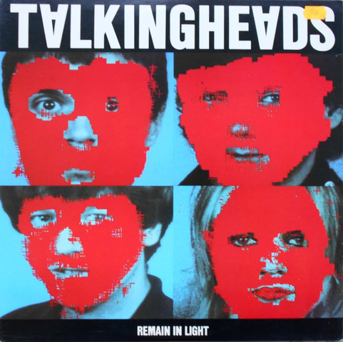 The album cover for Talking Heads Remain in Light. Four faces covered in red pixels. 