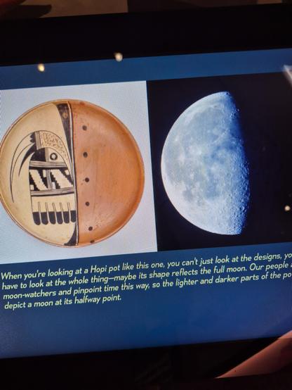 When you're looking at a #Hopi pot like this one, you can't just look at the designs, yo have to look at the whole thing-maybe its shape reflects the full moon. Our people a moon-watchers and pinpoint time this way, so the lighter and darker parts of the po depict a moon at its halfway point