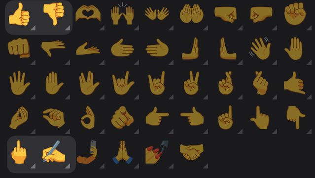 Thumbs up and thumbs down highlighted. Middle finger and pen writing emojis highlighted.