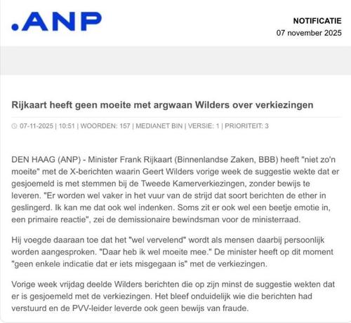 Rijkaart heeft geen moeite met argwaan Wilders over verkiezingen