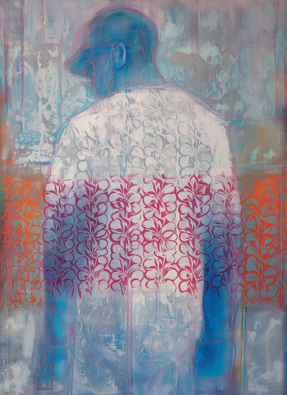This painting evokes introspection and calm through its ethereal layering of color and pattern. A figure viewed from behind, wearing a cap, appears rendered in cool shades of blue and lavender, blending into a textured background. The floral motifs—alternating in pink, orange, and white—create a rhythmic sense of movement, as if emotion is quietly rippling beneath the surface. The soft contrast between geometric repetition and organic brushwork gives the piece both structure and dreamlike fluidity.