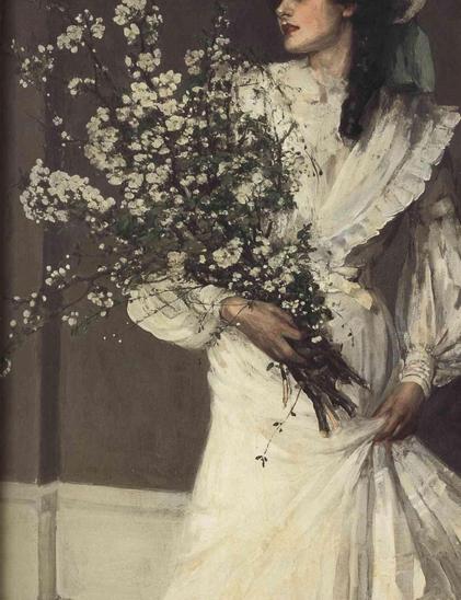 Oil painting portrait of a woman in a white ruffled dress holding a large bouquet of white spring blossoms against a dark background.