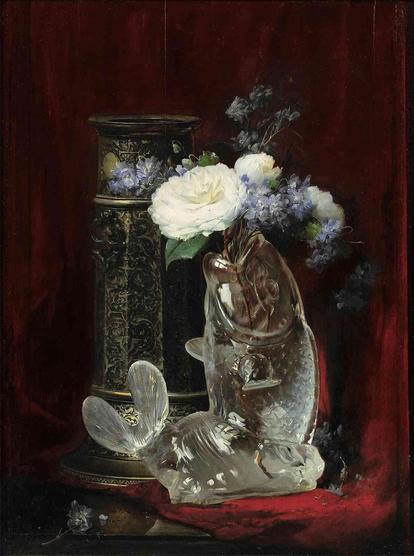 Still life painting featuring a clear, sculpted glass fish vase holding white and purple flowers, set against a dark, ornately decorated vessel and a deep red draped background.