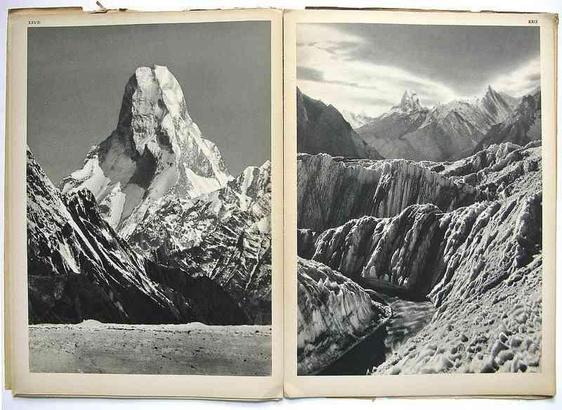 Black and white archival photograph spread showing a jagged, snow-capped peak on the left page and a dramatic glacial valley with crevasses and a meltwater stream on the right page.