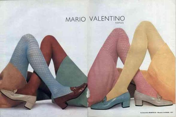 Vintage Mario Valentino advertisement featuring four legs in colorful patterned hosiery and heeled loafers against a white background.