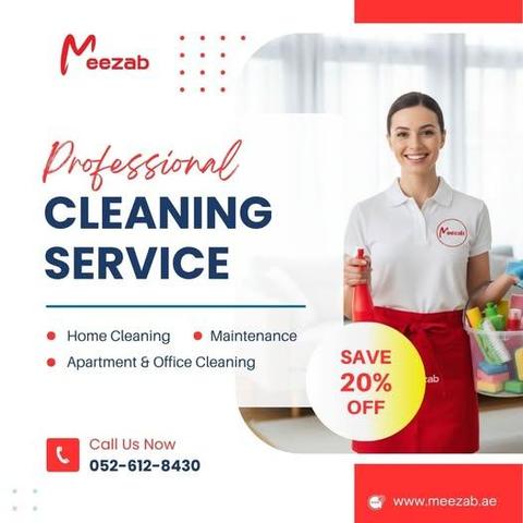 Meezab professional cleaner in red and white uniform offering 20% off home, office, and maintenance cleaning services in UAE.