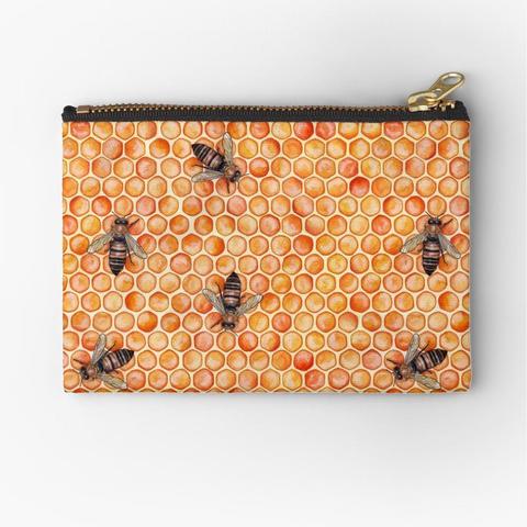 Pochette imprimée d'une aquarelle représentant des abeilles au milieu d'alvéoles remplies de miel.