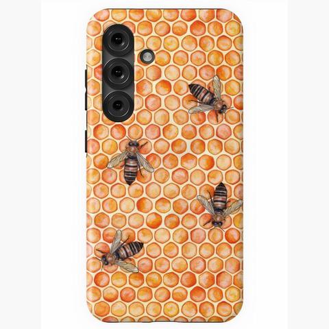 Coque pour Smartphone Samsung Galaxy imprimée d'une aquarelle représentant des abeilles au milieu d'alvéoles remplies de miel.