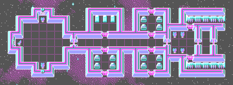 An armed merchant ship. The bridge is to the left, and the "pods" above and below the central corridor are a crew quarters pod and three cargo pods. Towards the rear is a meeting room and the engines. The bridge needs more decoration.