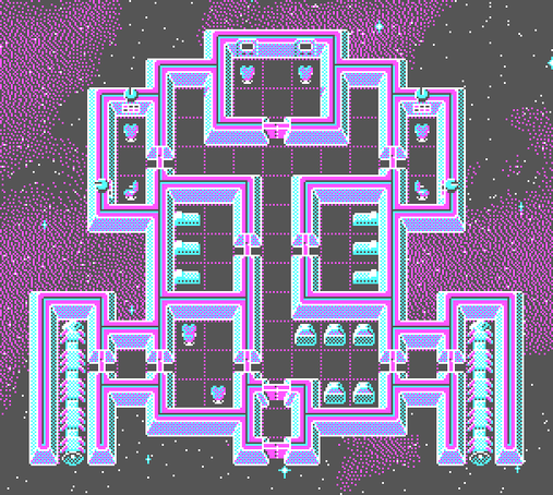 A heavily armed starship with four turrets. At the top is the bridge. Forward left and right are the turrets and room for the gunners. Straddling the central corridor are the crew quarters. Between the engines at the bottom are a meeting room on the left, and a cargo bay to the right.