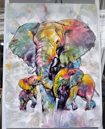a painting of an elephant family done in a modern impressionist style, the elephants painted a variety of prismatic colors, their forms defined with energetic brush strokes, against a mainly silver background with light dabs of color here and there 