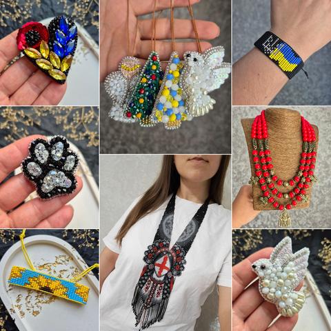 A collage of 8 photos of handmade beaded and rhinestone jewelry made in Ukraine. Images include: a heart brooch in the colors of the Ukrainian flag with a poppy; Christmas angel ornaments; a patriotic bracelet for the hand; a brooch with an animal paw and rhinestones; a bright red necklace with a cross; a necklace with a silyanka on a model; a bracelet made of beads in the colors of the flag with a sunflower; a brooch with a dove of peace.