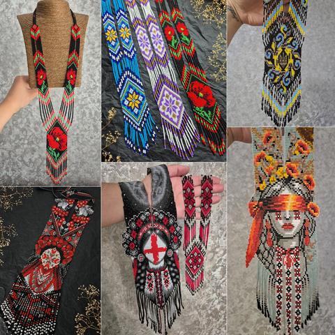 A collage of six photos showcasing a variety of handmade beaded necklaces and iewelry in a rich ethnic Ukrainian style. The iewelrv includes long multi-row silvanka necklaces (one with a large poppy flower), wide chokers with geometric and floral patterns (blue, purple, red), and massive breastplates. Of particular note is a black-and-red set with a cross and a large beaded iewelry depicting a stylized female face in a wreath