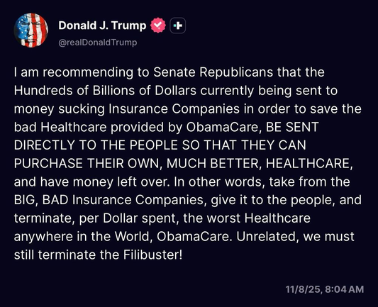 Trump describes his plans for healthcare by giving people money directly instead of to insurance companies.