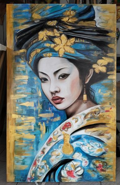 a painting of a woman, young, seen from the side, her hair tied up under a gold and blue green fabric wrapping, she is looking at the viewer, gold and blue brush strokes behind her , she wears gold earrings and a robe of blue-green with light red flowers on it 