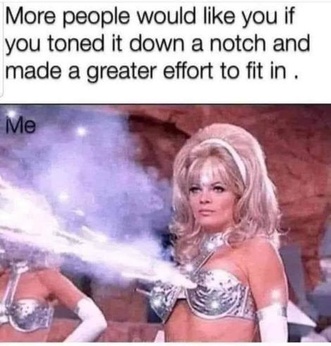 Image is a meme with text: "Them: More people would like you if you toned it down a notch and made a greater effort to fit in."

Below, it says, "Me" and shows a bold blonde woman with a silver bra sending off sparks.