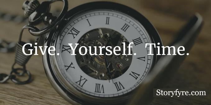 Give. Yourself. Time. - Wrtr ~ Background photo shows a closeup of a mechanical steampunk pocket watch, that sets time.