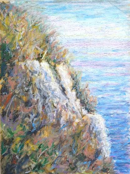 Oil pastel painting of chalk cliffs surrounded by colorful trees. There is the sea next to it.