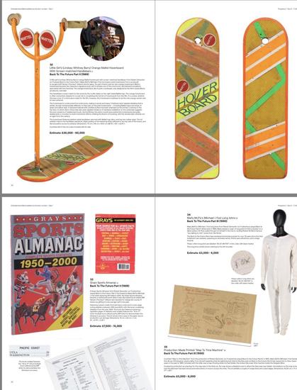 Screenshot from a PDF of an auction catalogue for a December 2025 sale, showing the following items:
- Little Girl’s (Lindsey Whitney Barry) Orange Mattel Hoverboard With Screen-matched Handlebars, from Back To The Future Part II (1989), estimated price of between 30000 to 60000 GBP.
- Grays Sports Almanac, from Back To The Future Part II (1989), estimated price of between 7500 to 15000 GBP.
- Marty McFly’s (Michael J. Fox) Long Johns, from Back To The Future Part III (1990), estimated price of 3000 to 6000 GBP.
- Production-Made Printed “Map To Time Machine”, from Back To The Future Part III (1990), estimated price of 3000 to 6000 GBP.