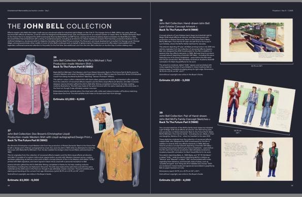 Screenshot from a December 2025 movie prop auction catalogue, showing various items from the John Bell collection, including shirts worn by Michael J Fox and Christopher Lloyd, and original sketched depicting the 1950’s era Lyon Estates, and concept sketches of the films characters clothing.