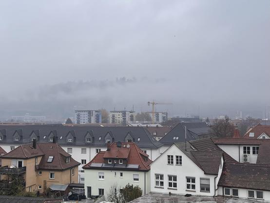Häuserreihen, im Hintergrund tiefhängender Nebel, durch den der Weinberg nur vage zu erkennen ist.