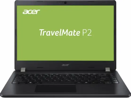 Der "Acer TravelMate P2 TMP214-53 | i3-1115G4 | 14" schwarz auf weißen Hintergrund mit grünen Bildschirm mit weißer Schrift in der Mitte wo "TravelMate P2" und oben links wo "Acer" steht.