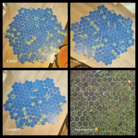 Collage aus drei möglichen Spielkarten- Anordnungen je nach Anzahl der Spielenden. Dazu als viertes Bild eine Aufnahme von Rasenwaben mit vergleichbaren Sechseck-Muster