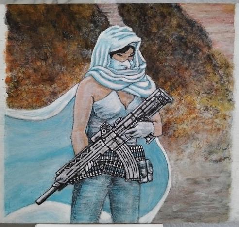 a painting of ghost, she is standing , seen from the knees up from an angle in a three quarter view, facing right, her cloak flowing in the wind, a big inferno behind her, she is holding a large silver machine gun with bandoliers on her, her face is partially obscured with the cloak 