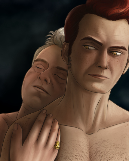 A digital drawing titled “This Gentle Gravity” depicts Crowley and Aziraphale in an intimate embrace. Crowley sits in the foreground, his expression calm and protective, eyes turned slightly as if keeping quiet watch over their shared moment. Behind him, Aziraphale rests peacefully against Crowley’s shoulder, eyes closed, one hand placed gently on Crowley’s chest. Warm, soft lighting highlights them, against a dark, softly blurred background. There's a feeling of safety and quiet devotion. 