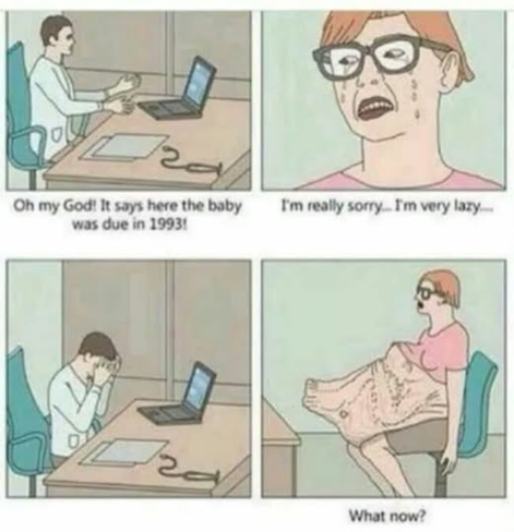 1 - a doctor looking at laptop 'oh my god! it says here the baby was due in 1993!'     
2 - woman crying 'i'm really sorry....i'm very lazy....'         
3 - doctor holding his head      
4 - you can see the entire woman now and she has like a 25 year old person inside of her 'what now?'