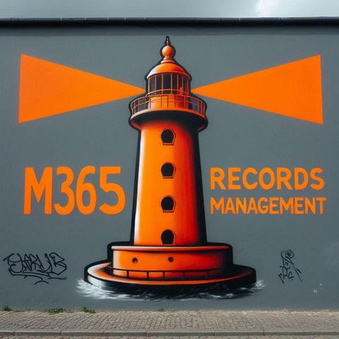 Een oranje vuurtoren met oranje lichtbundels en wat graffiti onderaan, met de tekst M365 Records Management ernaast geschreven