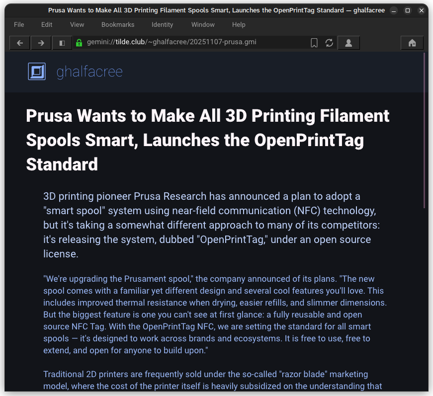 A screenshot of Lagrange, a browser for the Gemini protocol - a simple Gopher-inspired "small web" protocol which stands as an alternative to HTTP. It is open to a Gemini capsule hosted on Tilde Club, titled "ghalfacree," and a news page covering the announcement of Prusa's OpenPrintTag initiative. No imagery is visible in the page.