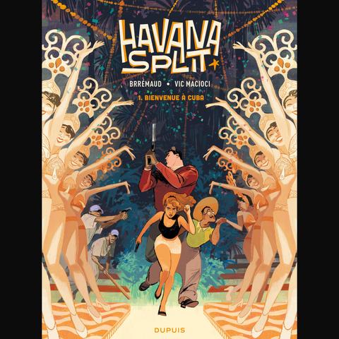 Lily, John and José at the center, on the right and the left raws of dancers from a tropicana spectacle. between them some baseball mafiosos trying to harm the protagonists running towards us. The atmosphere is carnivalesque!