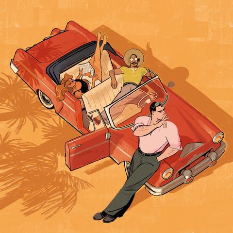 our heroes chilling on their red cabriolet chevrolet, john alert, jose occupying all the space possible, lily nonchalantly sexy reading a comic on the rear seats