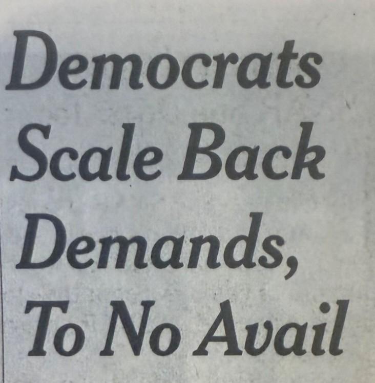 print headline: "Democrats Scale Back Demands, To No Avail"
