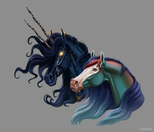 A digital illustration of two horse portraits together. One is a magic dark blue horse with golden ornates, wavy hair and two horns, and the other is green to red gradient with a white marking on its head.