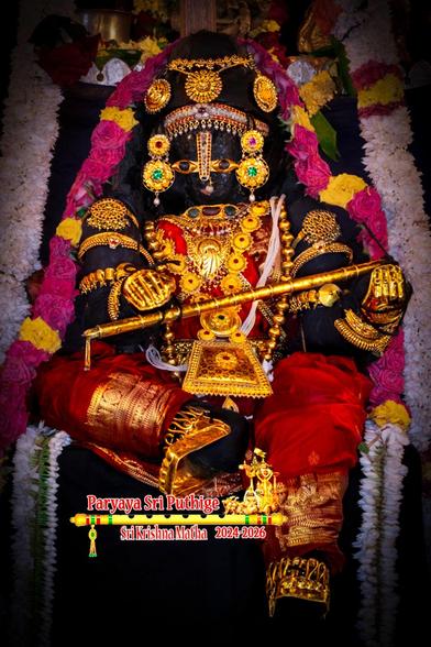 Close up of an idol of Hindu deity Krishna in red seated with left leg down, right leg folded at the knee and placed horizontally such that the right heel barely touches the inside of the left knee; a gilded flute between hands; wearing gold shoes, gold palm coverings, a gold crown, and lots of gold ornaments including a large trapezoidal medallion at the bottom of a necklace made of discs. A string of dark pink roses (some yellow flowers) around Krishna. A string of white flowers in the background on both sides of Krishna.