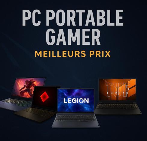 Visuel promotionnel SetupMedia présentant plusieurs PC portables gamer avec le texte “PC PORTABLE GAMER – MEILLEURS PRIX” sur fond sombre et logo SetupMedia.