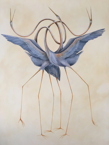 painting depicting a trio of herons (grey-blue) standing together with exaggerated long legs and long necks, necks twisted together, on plain cream colored background 