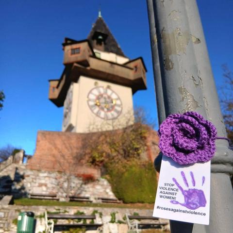 a purple crocheted purple rose in Graz, Austria