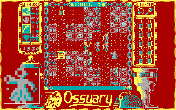 Keen-eyed viewers might notice that this is a different hero from the earlier posts in this series; it seems that using the wand to fight daemons was a fatal mistake. This new hero has an intelligence of 11, however, so the wand and amulet are the best combination both for daemons, and for the necromancer who is enlarged here in the inset. Note how the inventory is full of potions, many of which will be needed for the final battle with the necromancer.