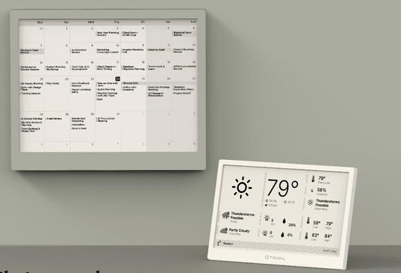 Calendar Panel
The left panel displays a monthly calendar layout, showcasing various dates filled with notes or tasks, likely indicating scheduled events or reminders. The design is minimalist, using a simple black-and-white color scheme, emphasizing clarity.

Weather Display Panel
The right panel is a digital weather station. It shows the current temperature at 79°F, along with icons indicating sunny weather and a summary of current conditions (like humidity or wind speed). Below, there may be additional weather information, such as forecasts for the coming days. The overall aesthetic is sleek and modern, complementing the calendar.

Both panels are set against a plain background, enhancing their clean and functional design.