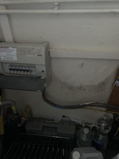 Cream wall with a damp patch around a UK circuit board