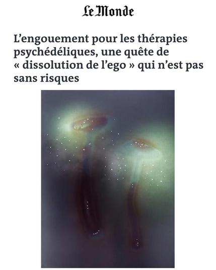 Logo : Le Monde.
Titre : L’engouement pour les thérapies psychédéliques, une quête de « dissolution de l’ego » qui n’est pas sans risques.
Illustration : dessin évanescent de deux champignons à longue tige, sur fond vert bleu.