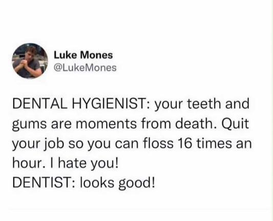 @lukemones -        

DENTAL HYGIENIST: your teeth and gums are moments from death. Quit your job so you can floss 16 times an hour. I hate you!        

DENTIST: looks good!