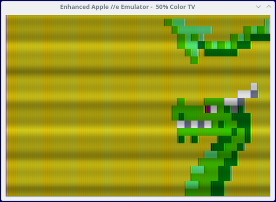 This is a screenshot of QApple, AppleWin Apple II emulator running in Linux, displaying a dragon on the low resolution screen.